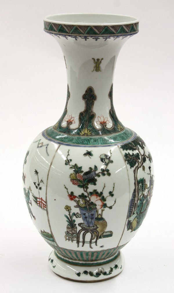 Chinese Famille Verte Porcelain Vase, Figures: Chinese famille verte enameled porcelain vase, the trumpet neck with a dished rim heightened with a saw-tooth pattern and encircled by shou characters and stiff-leaf band, the globular body with two r