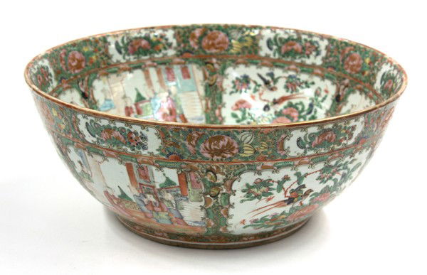 Chinese Rose Medallion Large Porcelain Bowl: Chinese large Rose Medallion porcelain bowl, brightly decorated with bird-and-flower panels alternating with figural reserves accented by floral tendrils within a band of rosettes under the gilt rim,