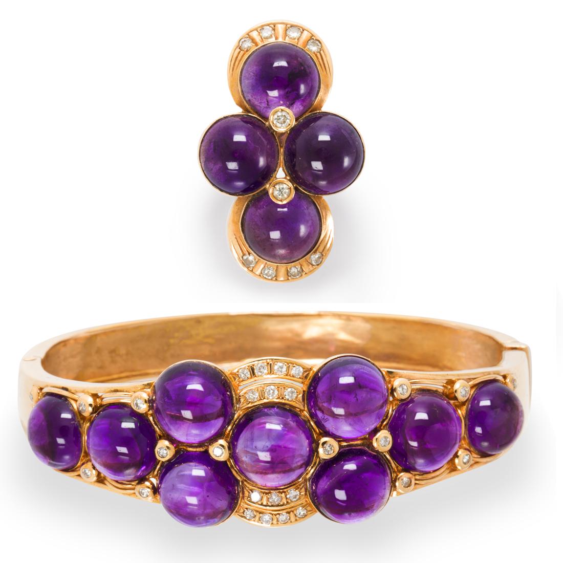 An amethyst, diamond and fourteen karat gold bracelet and ring suite (1 of 3)