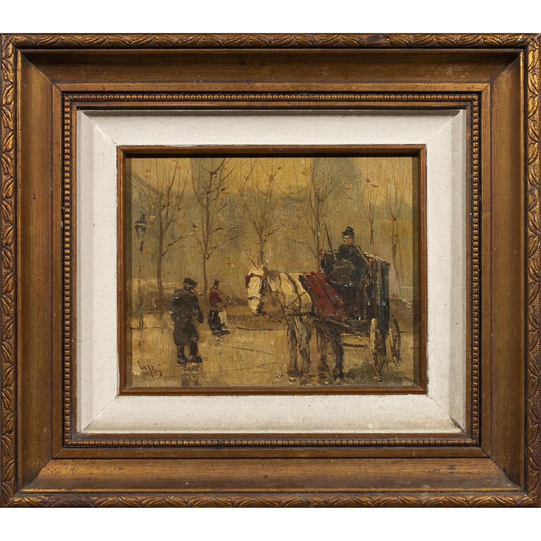 Painting, George Hendrik Breitner: George Hendrik Breitner (Dutch, 1857-1923), "Folklore," oil on board, initialed lower left, sight: 7.5"h x 9.5"w, overall (with frame): 15"h x 17"w. Note: Certificate of authenticity from Collier Art