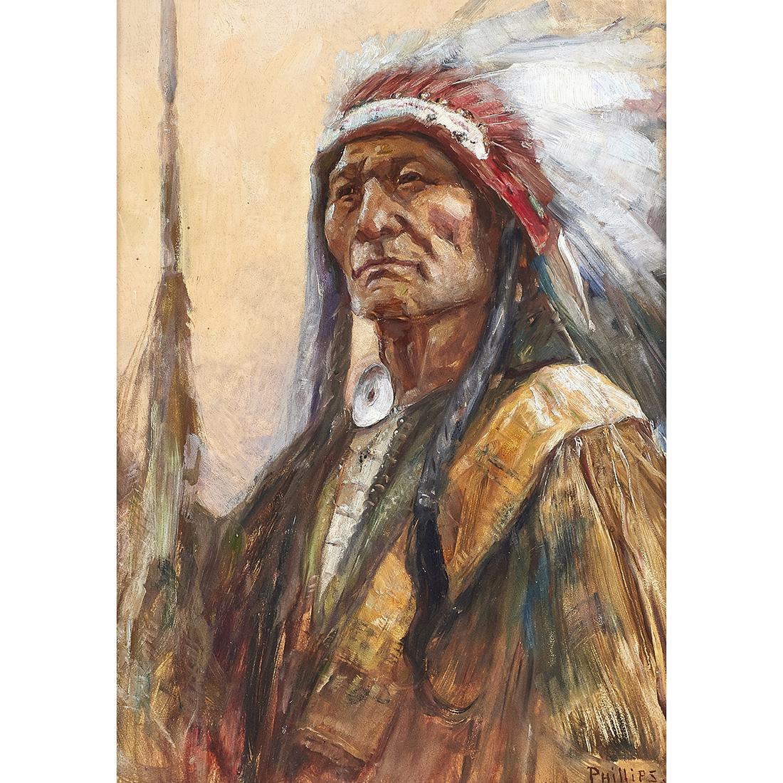 Painting, Bert Geer Phillips: Bert Geer Phillips (American, 1868-1956), Untitled (Portrait of an Indian Chief), oil on panel, signed lower right, panel: 16"h x 11.75"w, overall (with frame): 23.25"h x 19.25"w