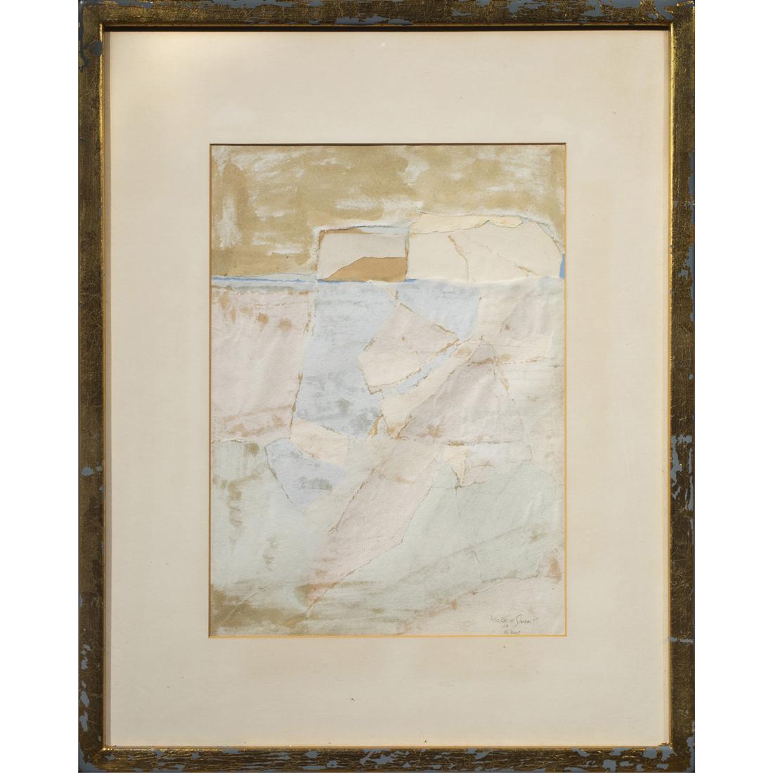 Collage, Michelle Stuart: Michelle Stuart (American, b. 1940), "The Frost," 1958, pigment and rag paper collage, signed, titled, and dated lower right, sight: 14"h x 10"w, overall (with frame): 22.25"h x 17.5"w