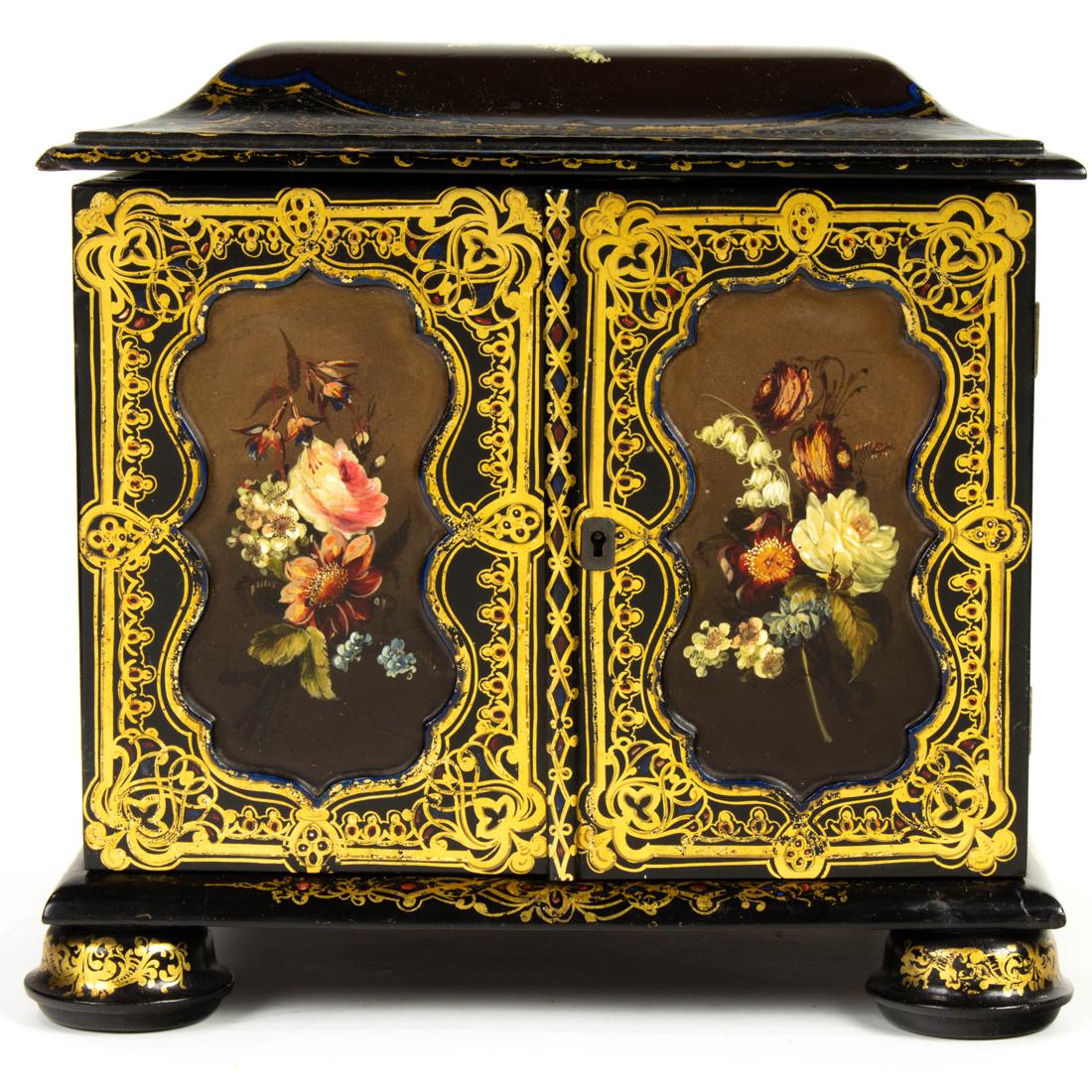 A Victorian papier mache, lacquer and rosewood sewing box, 19th century (1 of 3)