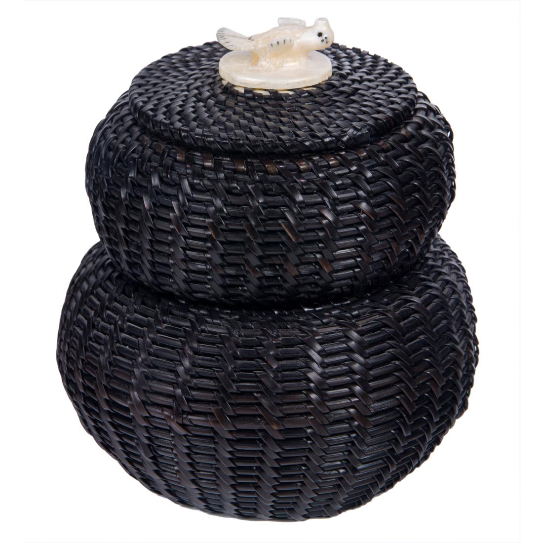 An Eskimo baleen double gourd stacking basket fitted with a harbor seal pup fluke top (1 of 6)