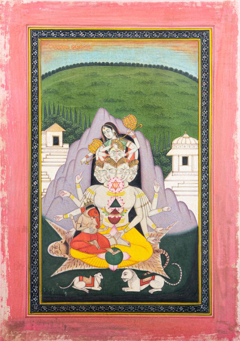 Indian Manoi miniature painting of a seated six headed Kartikeya or Subrahmanya (1 of 2)