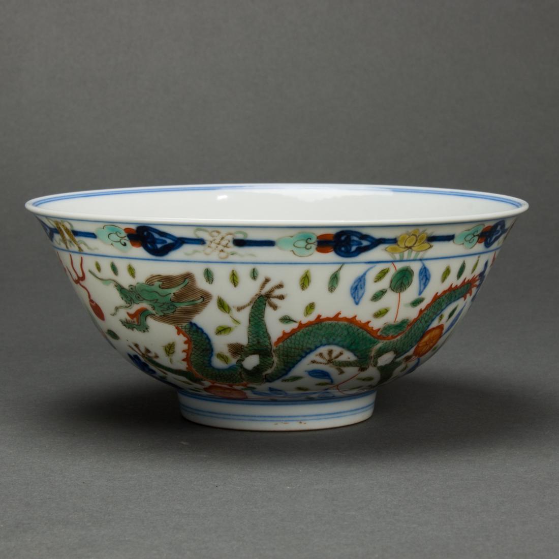 Chinese famille verte 'dragon' bowl: Chinese famille verte 'dragon' bowl, featuring pair of dragons and a pair of phoenixes, bearing a six-character Guangxu mark in underglaze blue, width 6.25".
