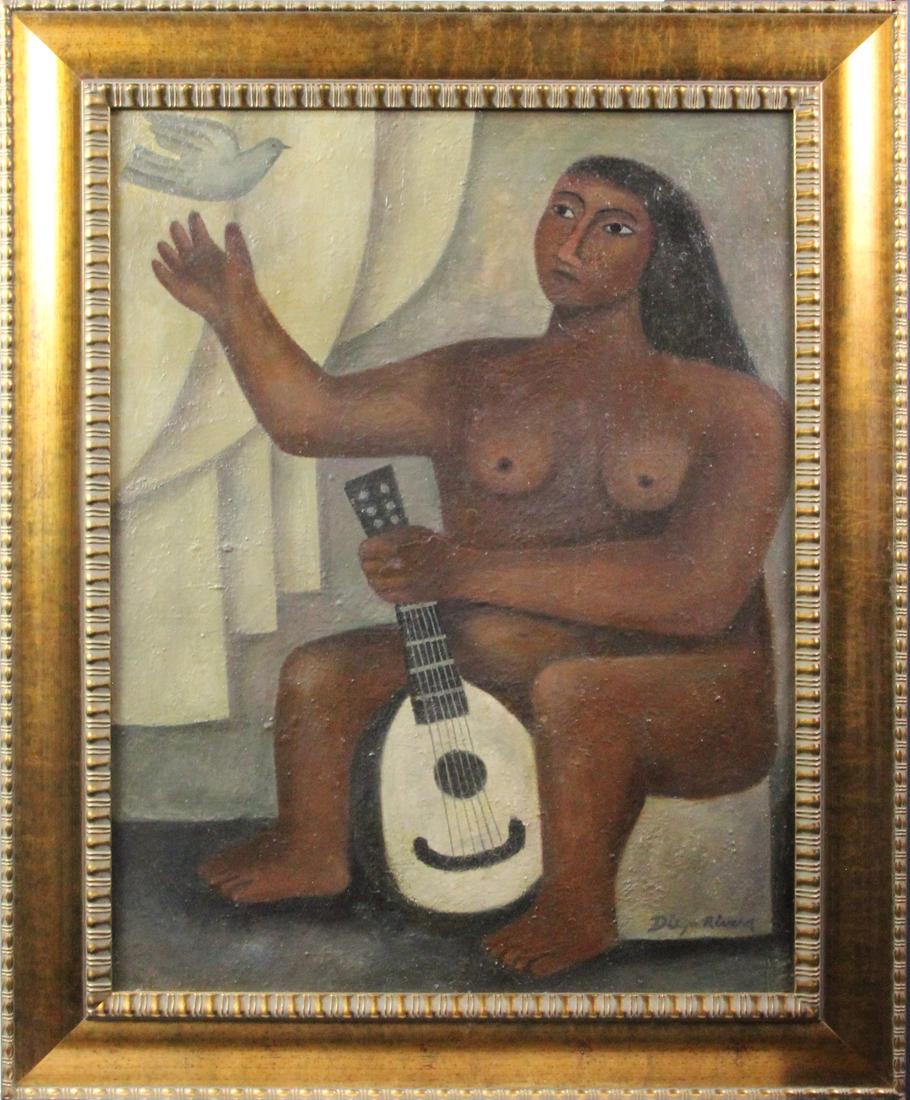 Painting, After Diego Rivera: After Diego Rivera (Mexican, 1886-1957), Woman with Bird and Lute, 20th century, oil on canvas affixed to board, bears signature lower right, overall (with frame): 38"h x 30.5"w. Provenance: Property