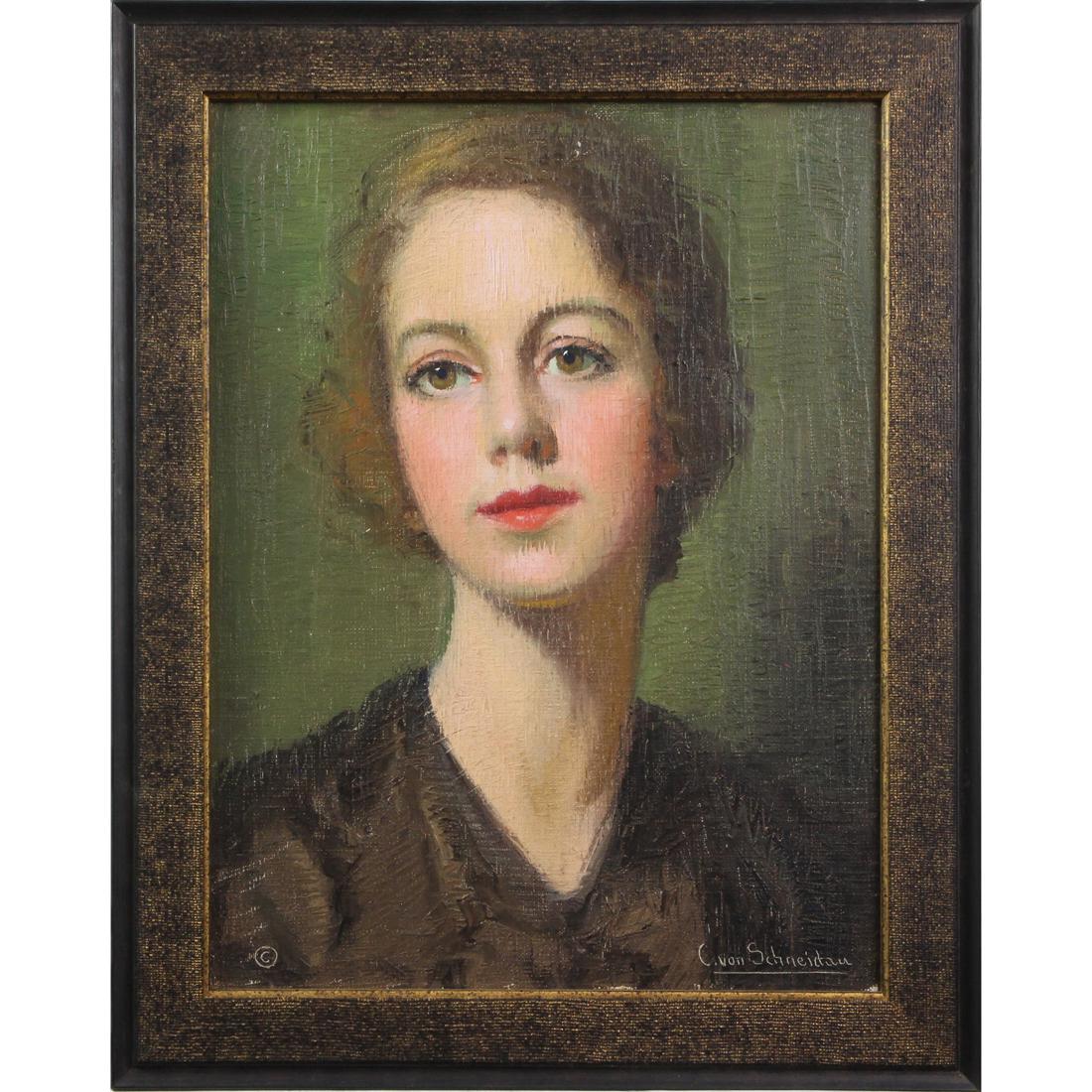 Painting, Christian von Schneidau: Christian von Schneidau (Swedish/American, 1893-1976), Portrait of a Young Woman, oil on canvas, signed lower right, overall (with frame): 19.25"h x 15.5"w