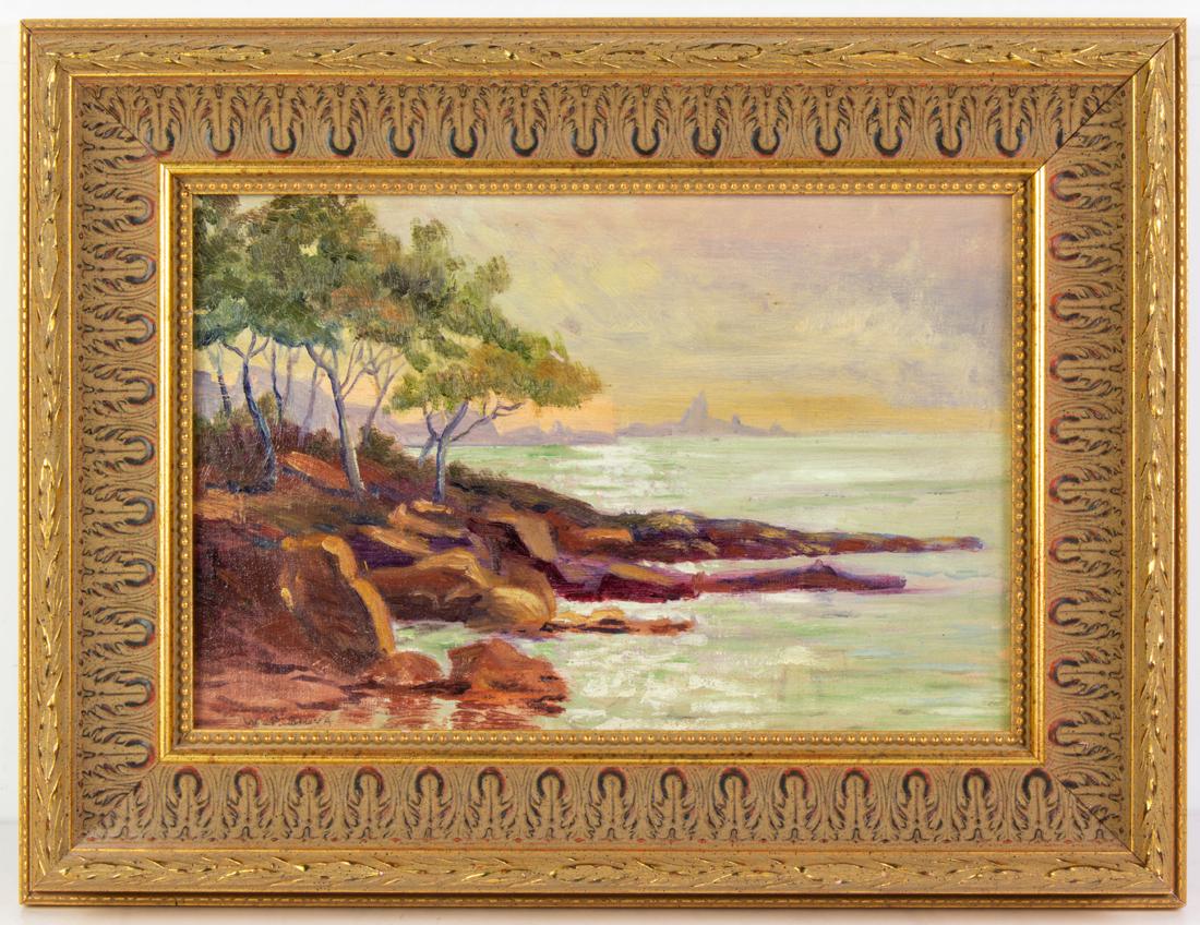 Painting, William Posey Silva: William Posey Silva (American, 1859-1948), Shoreline with Trees, oil on board, signed lower left, overall (with frame): 12.5"h x 16.25"w