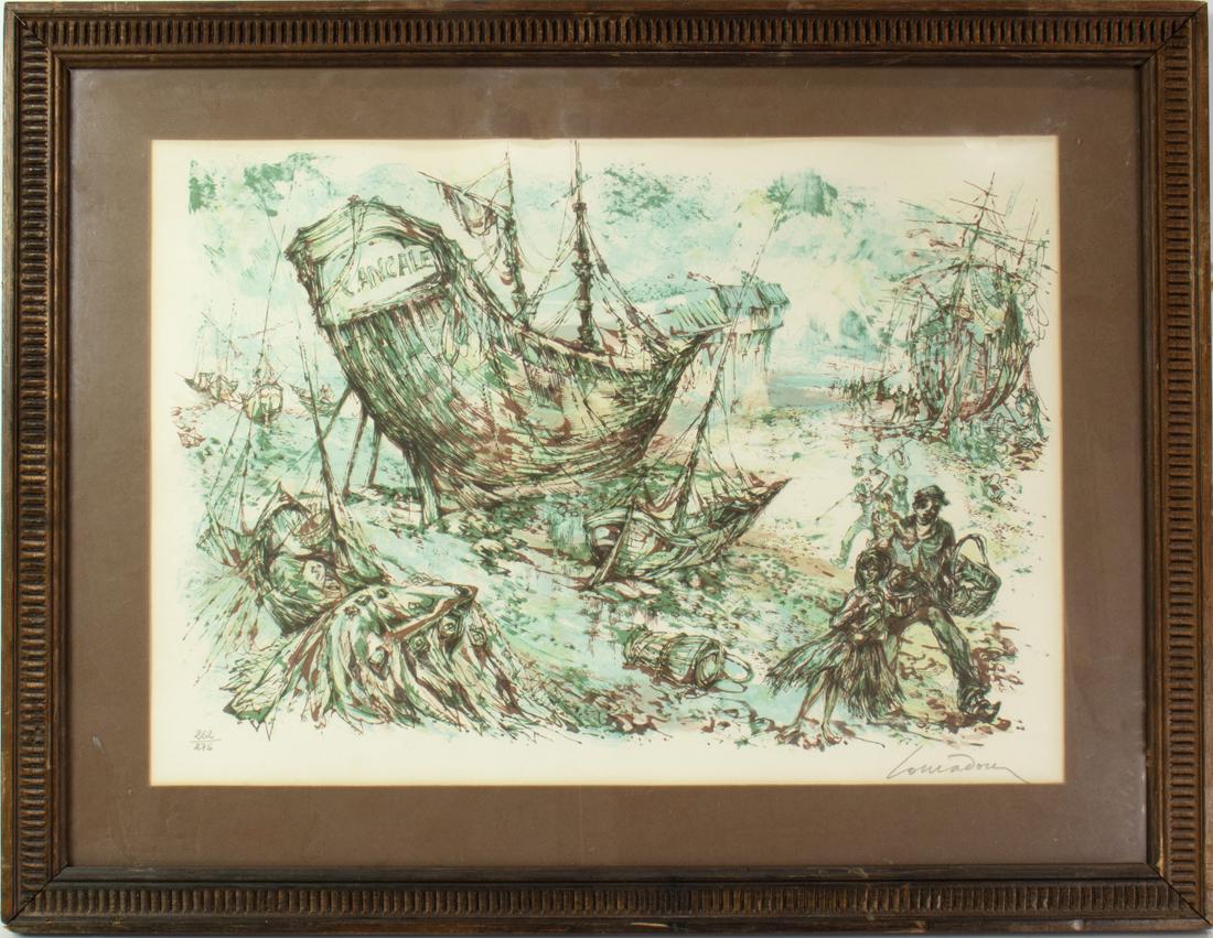 Prints, Vincent Caralto and Daniel Louradour: (lot of 2) Vincent Caralto (Spanish, b. 1936), "Sunflower," lithograph in colors, pencil signed lower right, edition 190/275, and Daniel Louradour (French, 1930-2007), The Shipwreck, lithograph in col