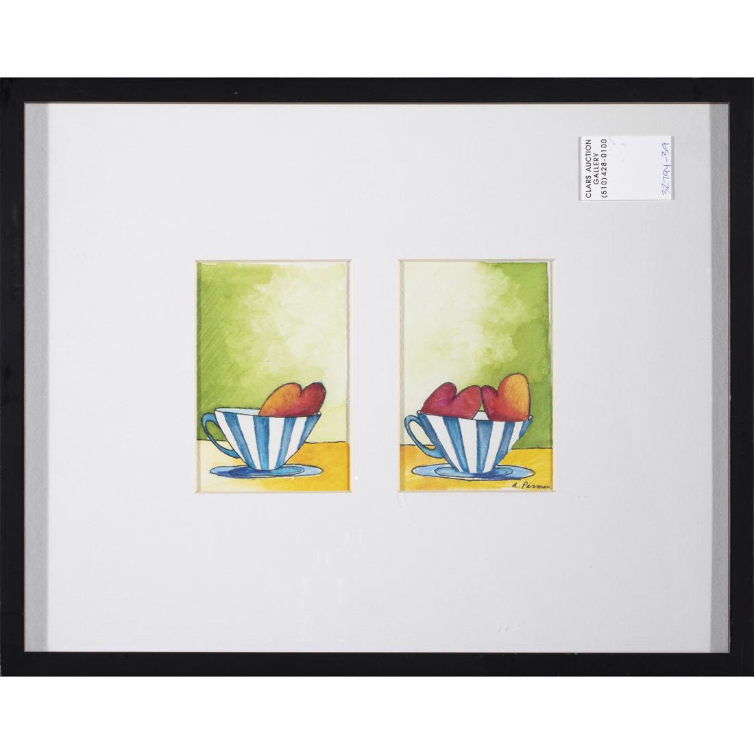 Painting, American School (20th century): American School (20th century), Teacups with Peaches, watercolor, signed lower right, sight (for each of 2 sheets): 4.5"h x 3"w, overall (with frame): 11.75"h x 14.75"w