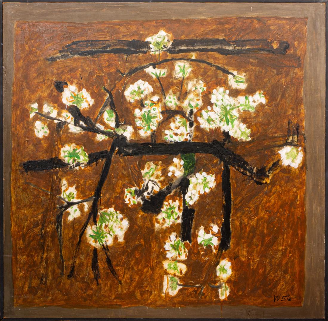 Painting, Bryan Wilson: Bryan Wilson (American, 1927-2002), "Blossoms," 1956, oil on masonite, initialed and dated lower right, overall (with frame): 49"h x 49"w