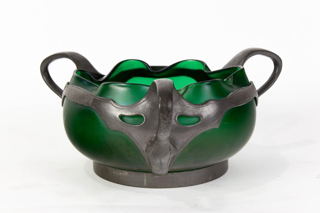 Austrian pewter mounted iridescent art glass bowl: Austrian pewter mounted iridescent art glass bowl, likely Loetz, unmarked, 4"h x 9.25"w (greatest)