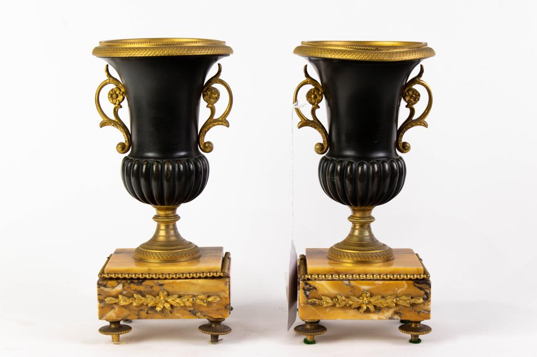 Pair of French gilt, patinated bronze and siena marble mantel urns, 19th century (1 of 1)