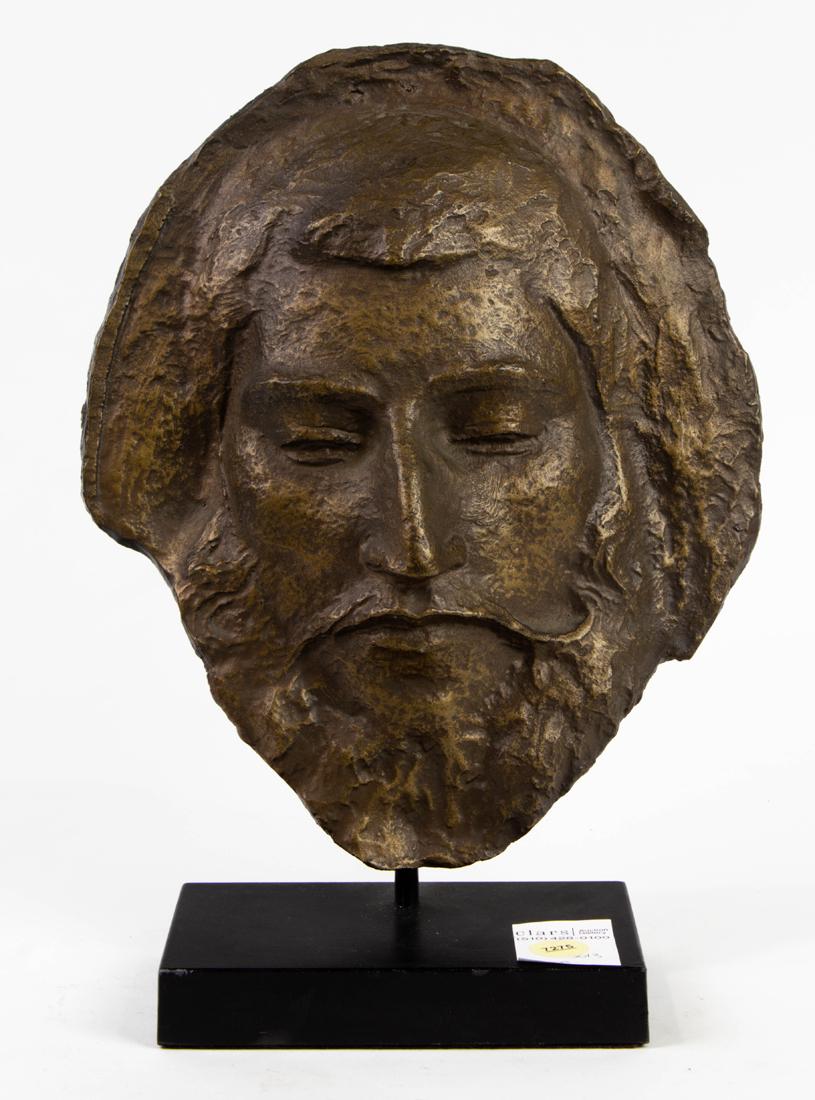 Reproduction bronzed death mask of Paul Gauguin: Reproduction bronzed death mask of Paul Gauguin, raised on black plinth, 12"h x 9"w.