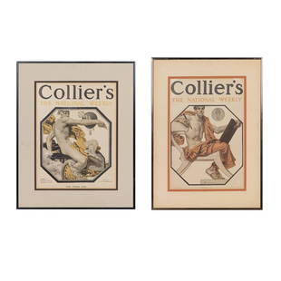 (Lot of 2) Collier's The National Weekly offset print covers of J. C. Leyendecker: (Lot of 2) Collier's The National Weekly offset print covers of J. C. Leyendecker including "The Speed God" January 19, 1907, Number 17, Vol XXXVIII, and "Mercury" October 6, 1906, No.2 Vol XXXVIII, b