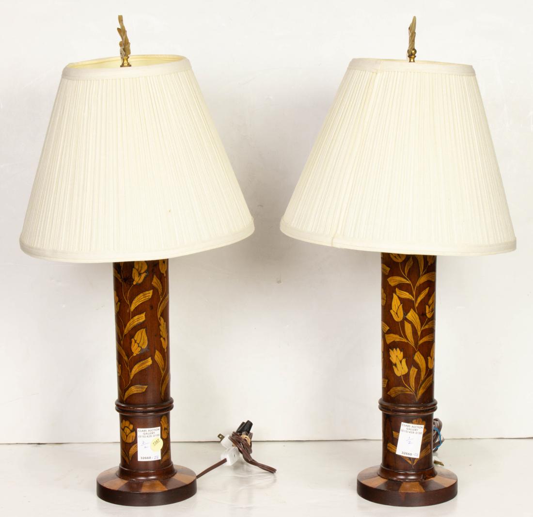 Pair of Dutch style marquetry inlaid wood table lamps (1 of 1)
