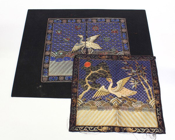 Two Chinese Rank Badges, Wild Geese: (Lot of 2) Chinese civil service rank badges, each featuring a wild goose set against a blue patterned ground above metallic couched lishui border, one with pine and bamboo while the other ia accented