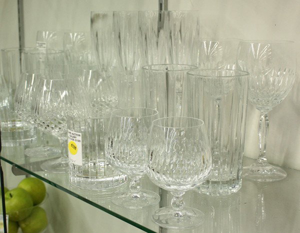 Crystal stemware: (lot of 23) Group of associated stemware including two Christophle tumblers, three brandy snifters, four port glasses, two high ball glasses, four waters, four champagne flutes, and four wines