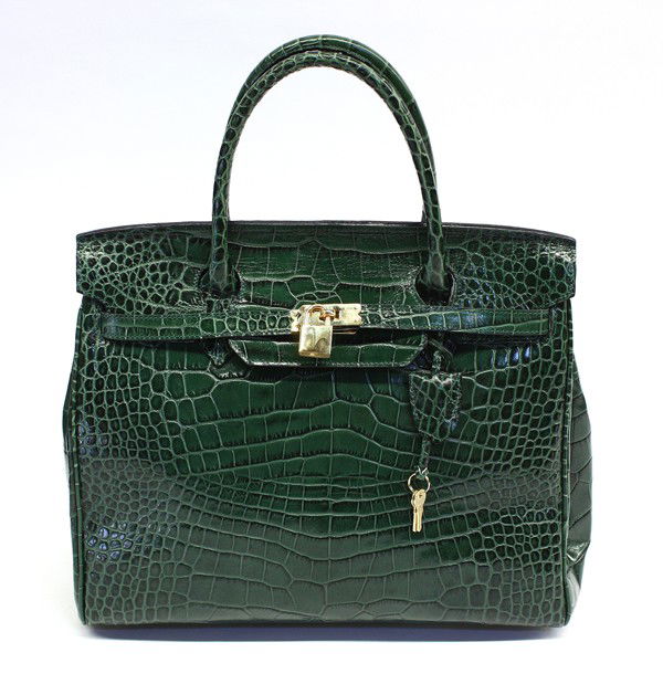 Lederer 36 forest green birkin bag: Lederer (Hermes) 36 forest green embossed leather Birkin bag having a crocodile finish, with gilt hardware, lock and key in clochette, marked Lederer Made in Italy, note: all measurements are in centi