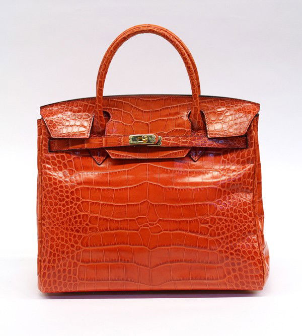 Lederer 36 orange birkin bag: Lederer (Hermes) 36 orange embossed leather Birkin bag having a crocodile finish, with gilt hardware, marked Lederer Made in Italy, note: all measurements are in centimeters, 30h x 36w x 17d, handle d