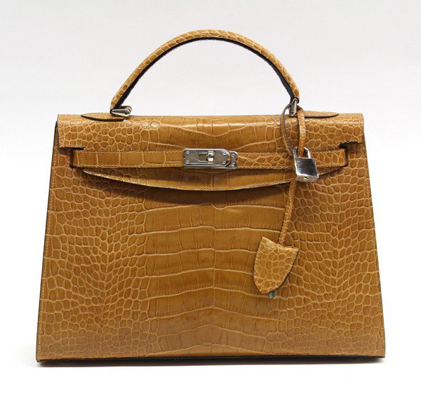 Lederer 32 cafe au lait kelly bag: Lederer (Hermes) 32 cafe au lait crocodile Kelly bag with palladium hardware, lock and key in clochette, marked Lederer Made in Italy, note: all measurements are in centimeters, 24h x 32w x 11d, handl