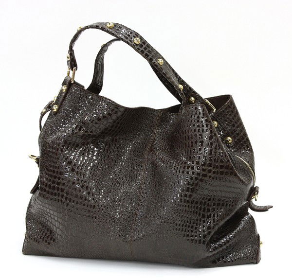 Stuart Weitzman reptile embossed shoulder bag: Stuart Weitzman chocolate brown reptile embossed leather shoulder bag with gold toned hardware and studs, 13''w x 17.5''h x 3''d, shoulder drop 6''