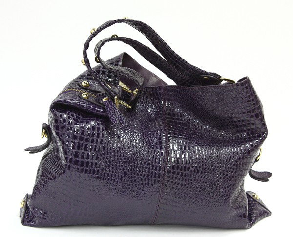 Stuart Weitzman reptile embossed bag: Stuart Weitzman amethyst colored reptile embossed leather shoulder bag with gold toned hardware and studs, 13''w x 17.5''h x 3''w, shoulder drop 6''