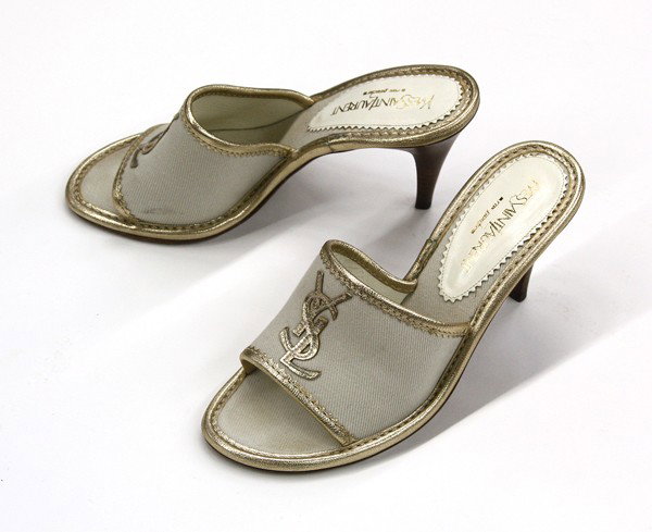 Yves Saint Laurent mules: Yves Saint Laurent canvas and gold leather mules, size 36