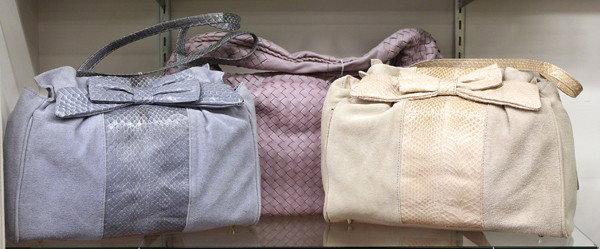 Bottega and Randolph Duke: (lot of 3) Fashion purses, comprising a Bottega Veneta 'Woven Twist' lavender goatskin hobo bag, 12''h x 18''w, shoulder drop 5in, and two The Look/ Randolph Duke suede and reptile purses, one ivory t