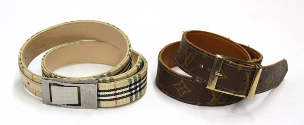 Associated belts: (Lot of 2) Associated belts including a Louis Vuitton brown monogram belt and a Burberry belt