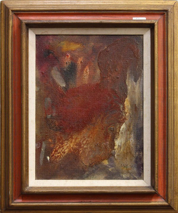 Painting, Pascal Cucaro, Abstract: Framed oil on canvas on board, Neutral Abstract, by Pascal Cucaro (Californian, 1915-2004), signed ''Cucaro'' lower right, Cory Galleries San Francisco California label verso, overall: 22.5''h x 18.75