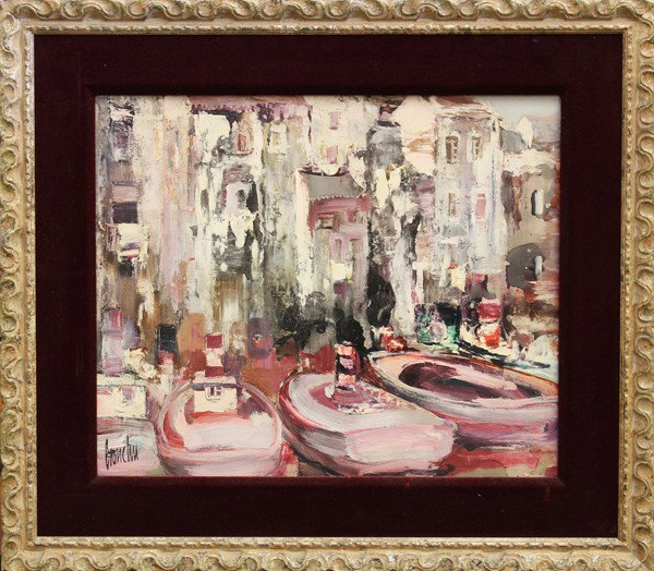 Painting, Jose Bronchu, Puerto Pasquero: Framed oil on masonite, ''Puerto Pasquero,'' by Jose Bronchu (Spanish, b. 1912), signed lower left, titled verso, overall: 28''h x 32.5''w