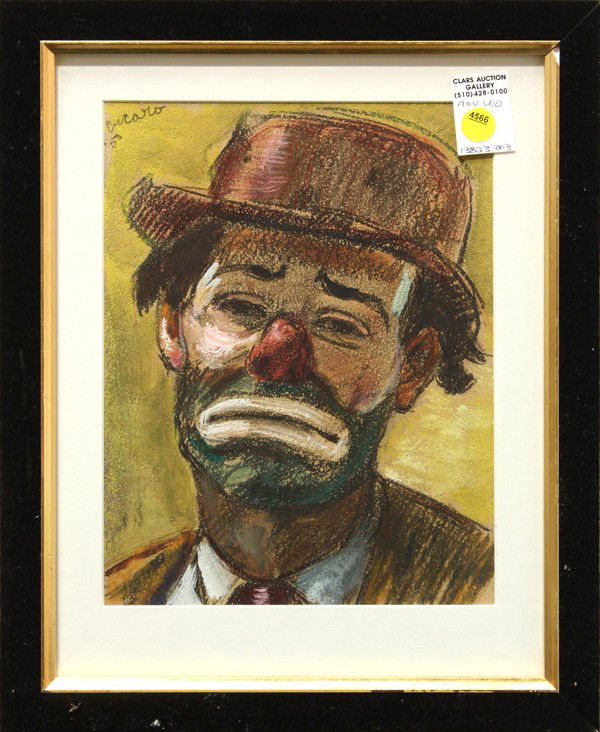 Painting, Pascal Cucaro, Clown: Framed chalk and oil on paper, Clown, 1950, by Pascal Cucaro (Californian, 1915-2004), pencil signed and dated upper left, overall: 16''h x 13''w