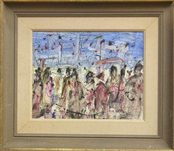 Painting, Pascal Cucaro: Framed oil on board, Abstract Scene with Figures, 1948, Pascal Cucaro (Californian, 1915-2004), signed and dated ''Cucaro '48'' verso, overall: 26.5''h x 30.75''w