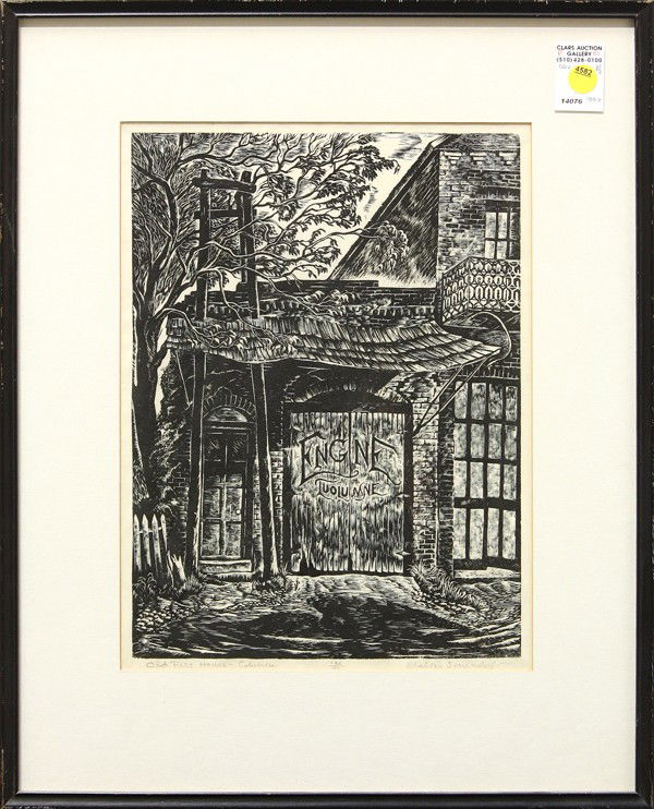 Linocuts, Charles Surendorf, Fire House, Lynching: (Lot of 2) Framed linocuts, ''Old Fire House,'' edition 1/100, and ''Lode Lynching,'' by Charles Surendorf (Californian, 1906-1979), each pencil signed ''Charles Surendorf'' and titled within lower ma