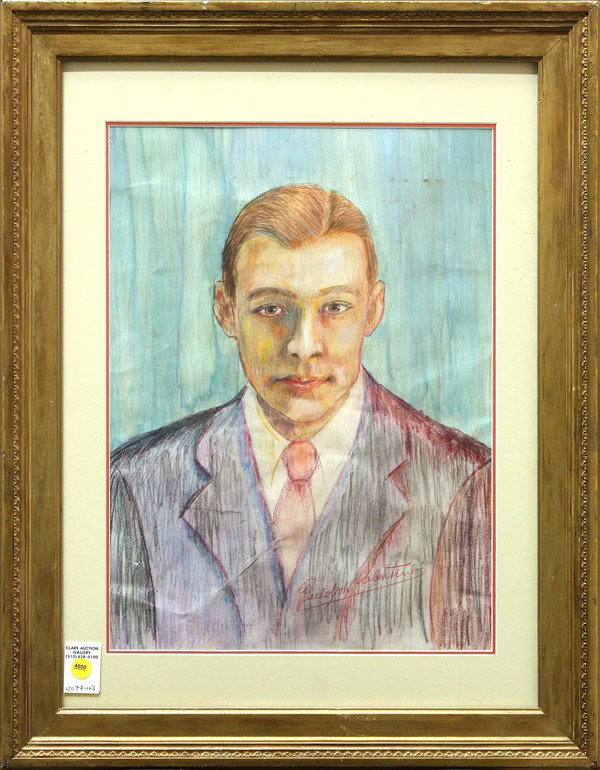 Mixed media, Rudolph Valentino, Self Portrait: Framed mixed media on paper, Portrait, European School, 20th century, signed ''Rudolph Valentino'' lower right, overall: 27.5''h x 21.5''w