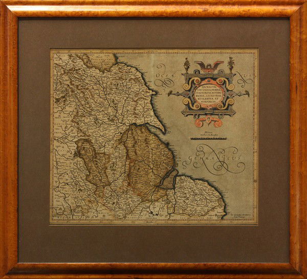 Engraved hand colored maps, Scotland, Britain: (Lot of 3) Framed engraved hand colored maps, 18th and 19th centuries, ''O Rcadum et Schetlandiae,'' an English map, including Lincolnshire Derby, Stafford, Notingham, and ''The Occidental and Orienta