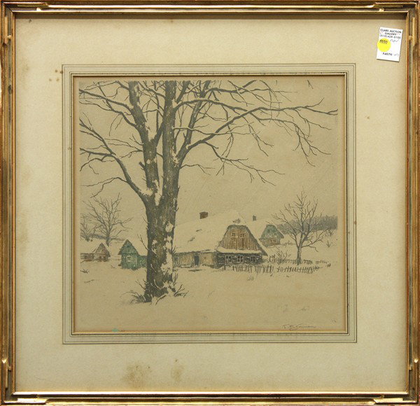Etching, Frantisek Simon-Tavik, Winter Cottages: Framed color etching and aquatint, Cottages in Winter, 1925, by Frantisek Simon-Tavik (Czechoslovakian, 1877-1942), pencil signed lower right, overall: 22''h x 23''w