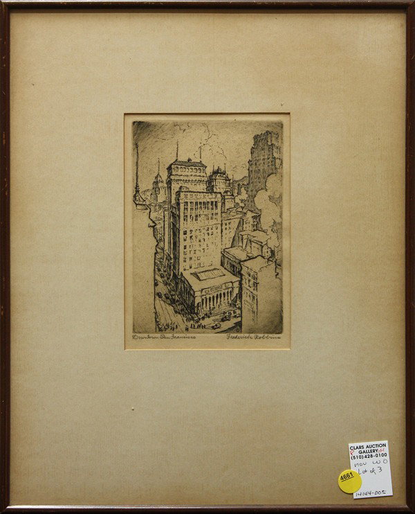 Etchings, Lionel Barrymore, Frederick Robbins: (Lot of 3) Framed etchings, ''Quiet Waters'', by Lionel Barrymore (Californian, 1878-1954), signed within the print, ''Chinatown'' signed ''Ludwig Reinner'' and ''Downtown San Francisco'' by Frederick