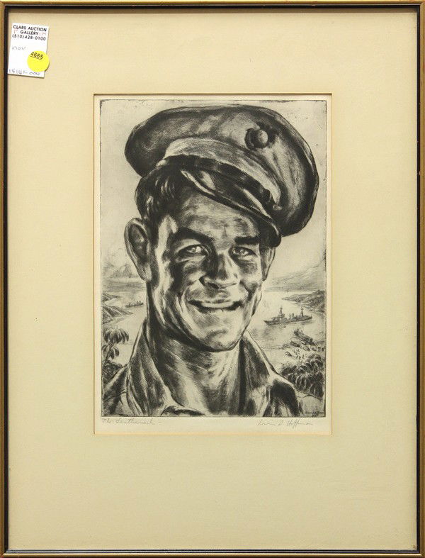 Etching, Irwin Hoffman, The Leatherneck: Framed etching, ''The Leatherneck'', by Irwin Hoffman (American, 1901-1989), pencil signed lower right, titled lower left, overall: 19''h x 14.75''w