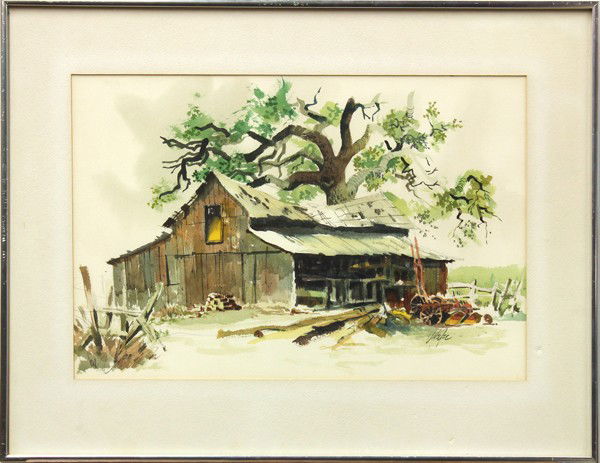 Watercolor, Jake Lee, California Barn: Framed watercolor, California Barn, by Jake Lee (Californian, 1915-1991), signed ''Jake Lee'' lower right and verso, overall: 20.5''h x 26.5''w