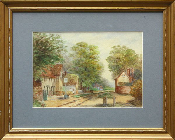 Watercolors, European, 19th century: (Lot of 2) Framed watercolors, French Harbor Scene, 1899, French School, monogrammed and dated lower left, and English Village Street Scene, British School (19th Century), monogrammed lower left, larg