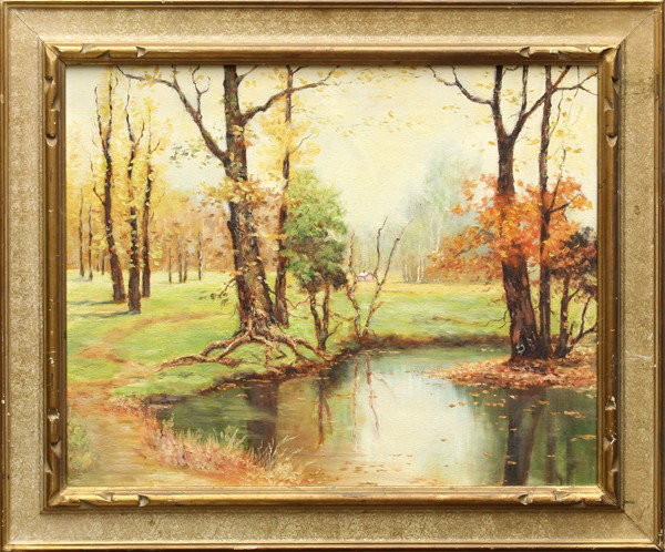 Painting, signed Florence Cody: Framed oil on canvas, Landscape with House and Trees by a Stream, signed and dated ''Florence Cody 1955'' verso, overall: 21.5''h x 25''w