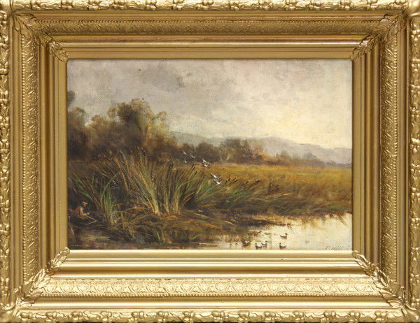 Painting, Thomas Hill Jr.: Framed oil on canvas, Ducks Flying Over the Marsh, by Thomas Virgil Troyon Hill(Californian, 1871-1922), signed ''T. Hill Jr'' lower right, canvas: 14''h x 20''w, overall: 22''h x 28''w