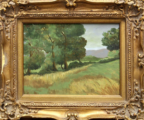 Paintings, attributed to Jesse Rasberry: (Lot of 3) Framed oils on board, Valley Path, Grassy Grove, and View of the Mountain, two unsigned, one bears signature ''JD Rasberry,'' attributed to Jesse Rasberry (Californian, Contemporary), large