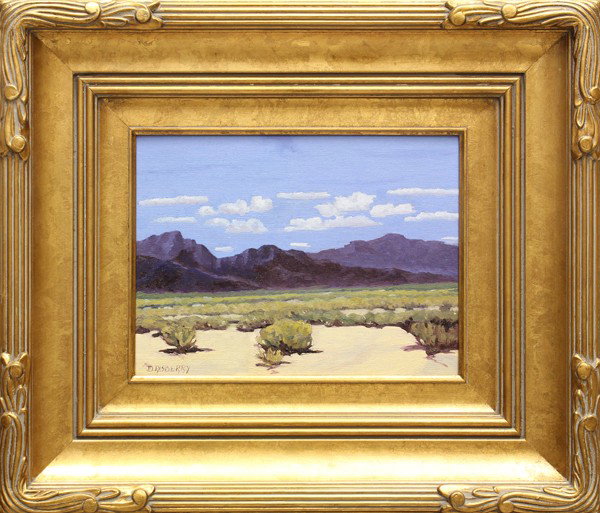 Painting, Jesse Rasberry, Purple Desert: Framed oil on canvas board, Purple Desert, by Jesse Don Rasberry (Californian, b. 1940), signed ''J.D. Rasberry'' lower left, board: 8.5''h x 11.5''w, overall: 19''h x 22''w