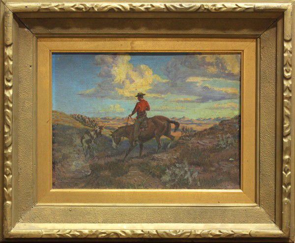 Painting, Leo James Beaulaurier: Framed oil on canvas board, Cowboy on Horseback, 1962, by Leo James Beaulaurier (American, 1911-1984), signed ''L. J. Beaulaurier'' lower left and verso, overall: 17.5''h x 21.25''w