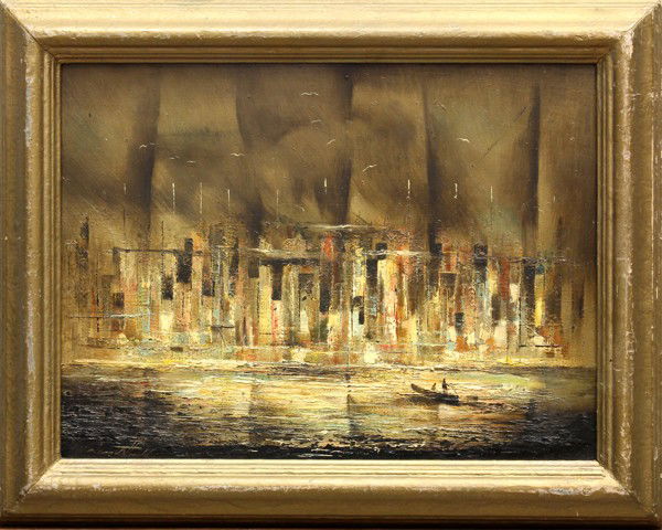 Painting, Raymond Howell: Framed oil on board, ''Bright is the City Night'', by Raymond Howell (Californian, 1927-2002), signed lower left, title inscribed verso, board: 12''h x 16''w, overall: 16''h x 19.5''w