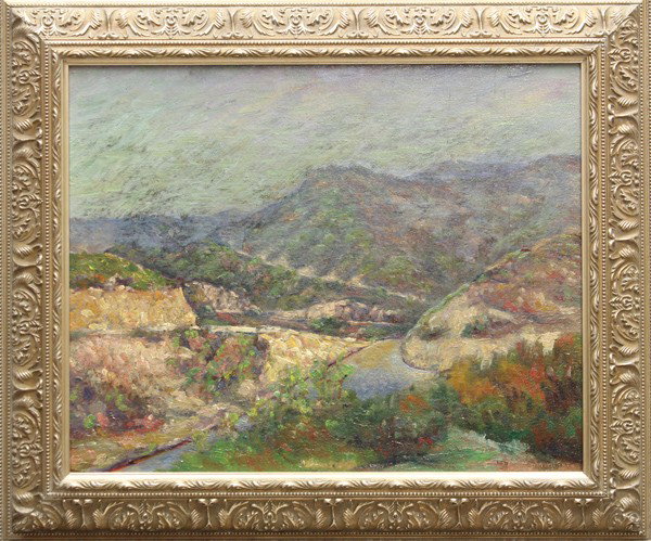 Painting, John Augustus Domingue: Framed oil on board, Mountain Landscape, by John Augustus Dominque (Californian, 1893-1994), signed lower right, overall: 21.5''h x 25''w